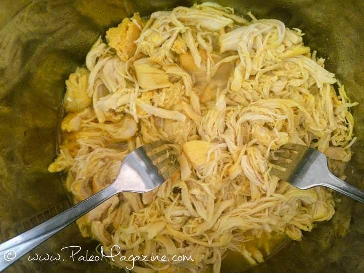 Shred the chicken breast in the pot as soon as it’s cooked.