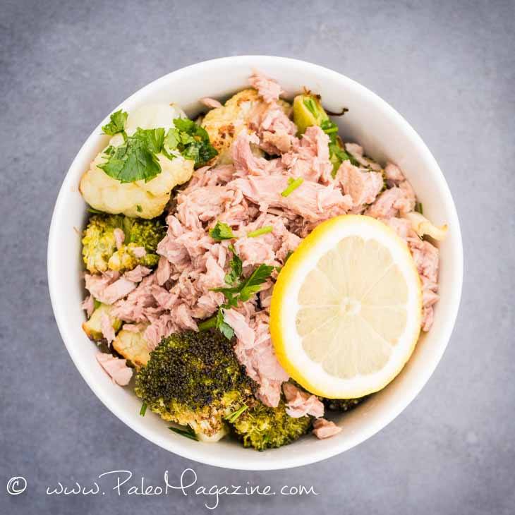 Roasted Cauliflower Broccoli Tuna Bowl [Paleo, Keto, AIP] #paleo #keto #aip - https://ketosummit.com/cauliflower-broccoli-tuna-bowl-paleo-keto-aip