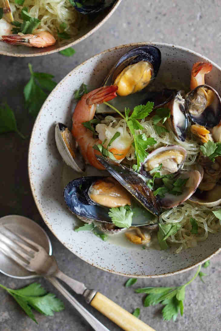 Mussels, Clams And Shrimps In A Fragrant Broth With Kelp Noodles