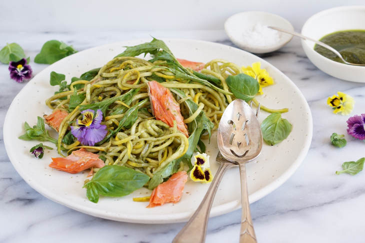 Wild Salmon with Zucchini Noodles, Baby Leaves and a Basil Dressing