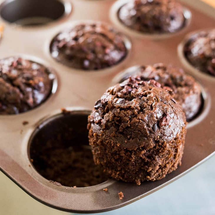 Keto Chocolate Zucchini Muffins Topped With Cacao Nibs