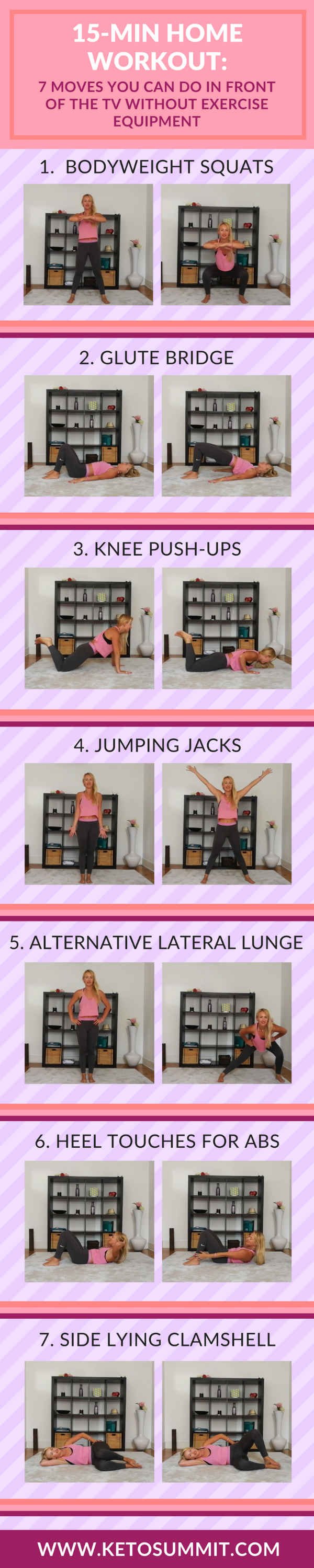 15-Min Home Workout: 7 Moves You Can Do In Front Of The TV Without Exercise Equipment #keto #infographic https://ketosummit.com/home-workout-no-exercise-equipment
