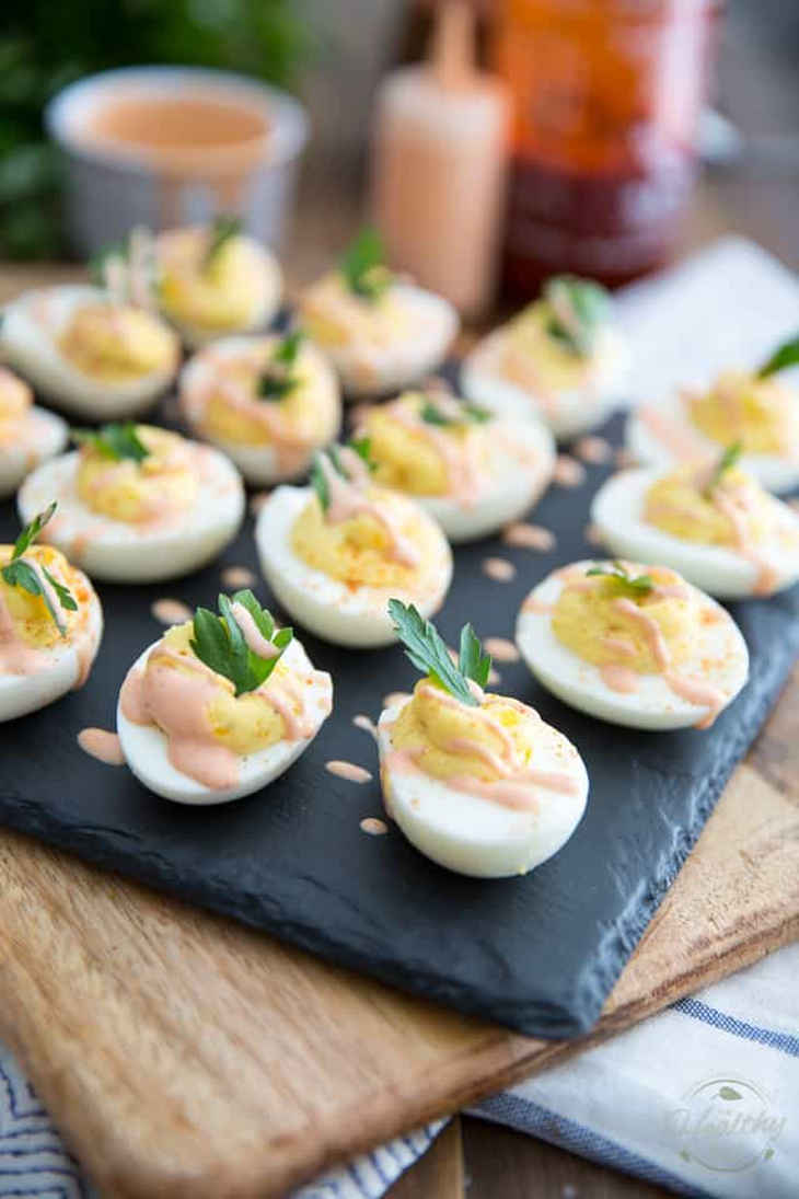 Easy Creamy Deviled Eggs With Sriracha Mayo