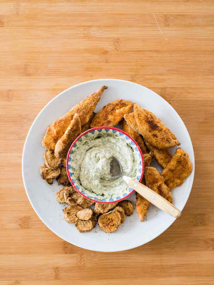 Keto Chicken Tenders Recipe with Breaded Pickles and Ranch Dipping Sauce #keto https://ketosummit.com/keto-chicken-tenders-recipe-breaded-pickles-ranch-sauce